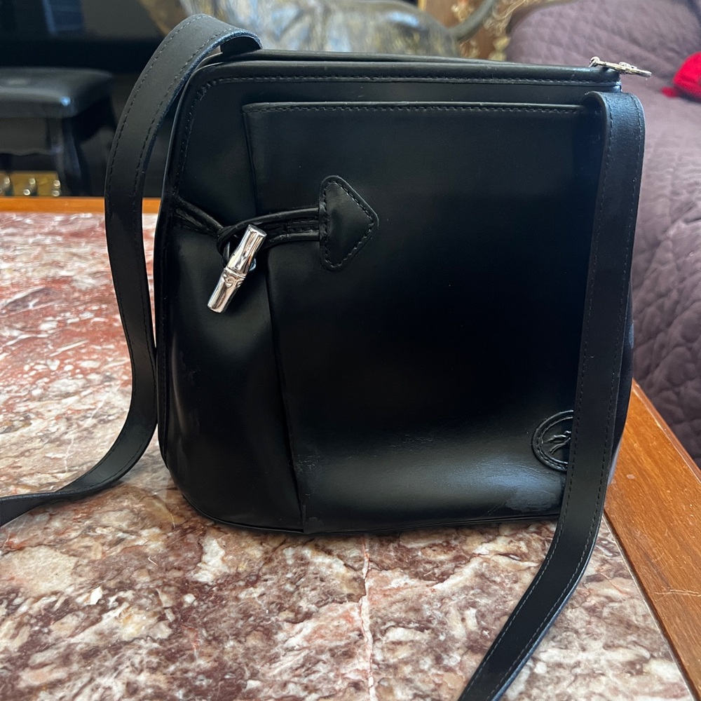 Vintage Longchamp Roseau Black Leather Shoulder Bag Silver Bamboo Toggle Purse